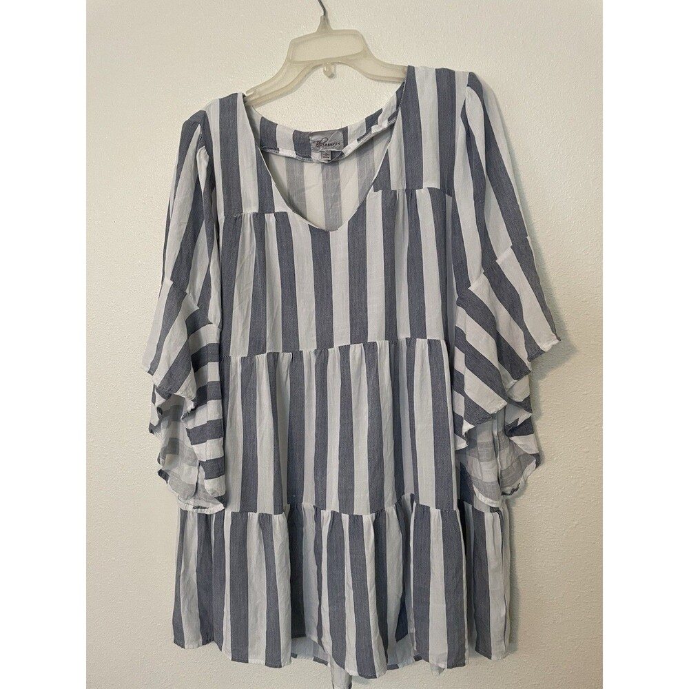 Blu Heaven Women’s Sz Large Top Tunic Blue White Striped Made In The USA